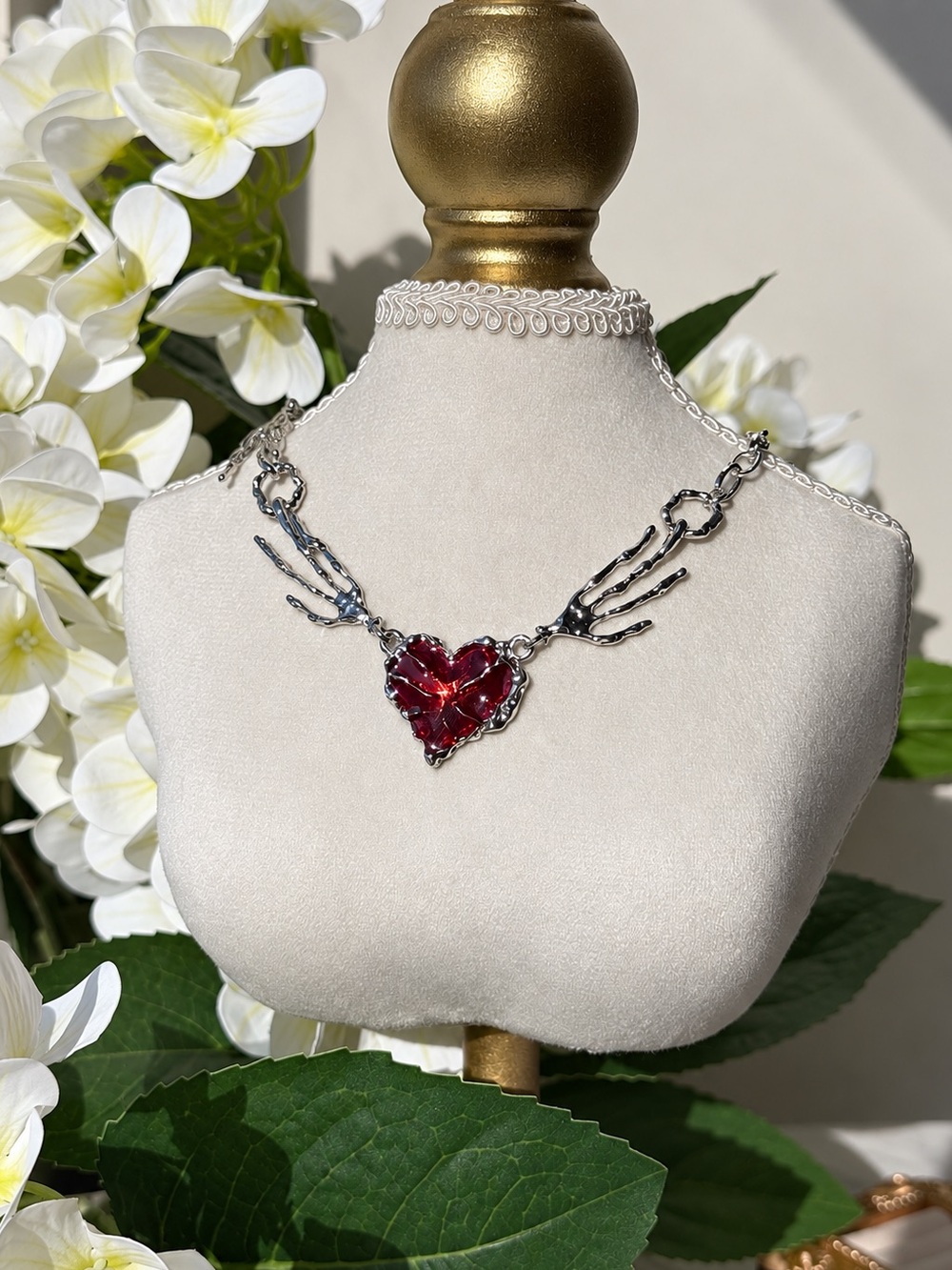 Silver Skeleton Wing Necklace with Heart Choker Pendant